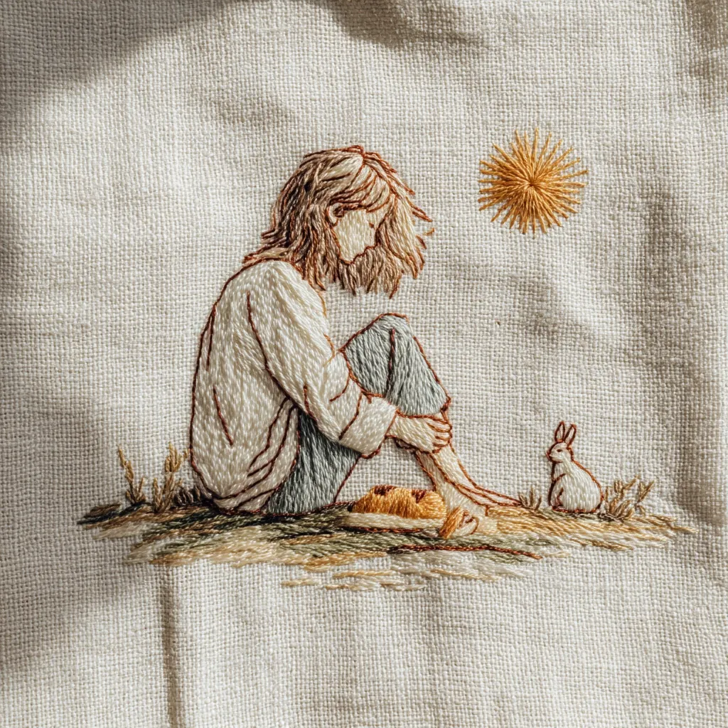 A beautiful embroidery depicts a young woman with shoulder-length hair sitting on the ground, her legs tucked beneath her.  She appears contemplative, gazing downward.  Beside her sits a small rabbit, and a stylized sun is embroidered in the upper right.  The overall style is minimalist and serene, using earth tones on a light beige fabric.  The stitching detail is delicate and precise, creating a peaceful and charming scene.