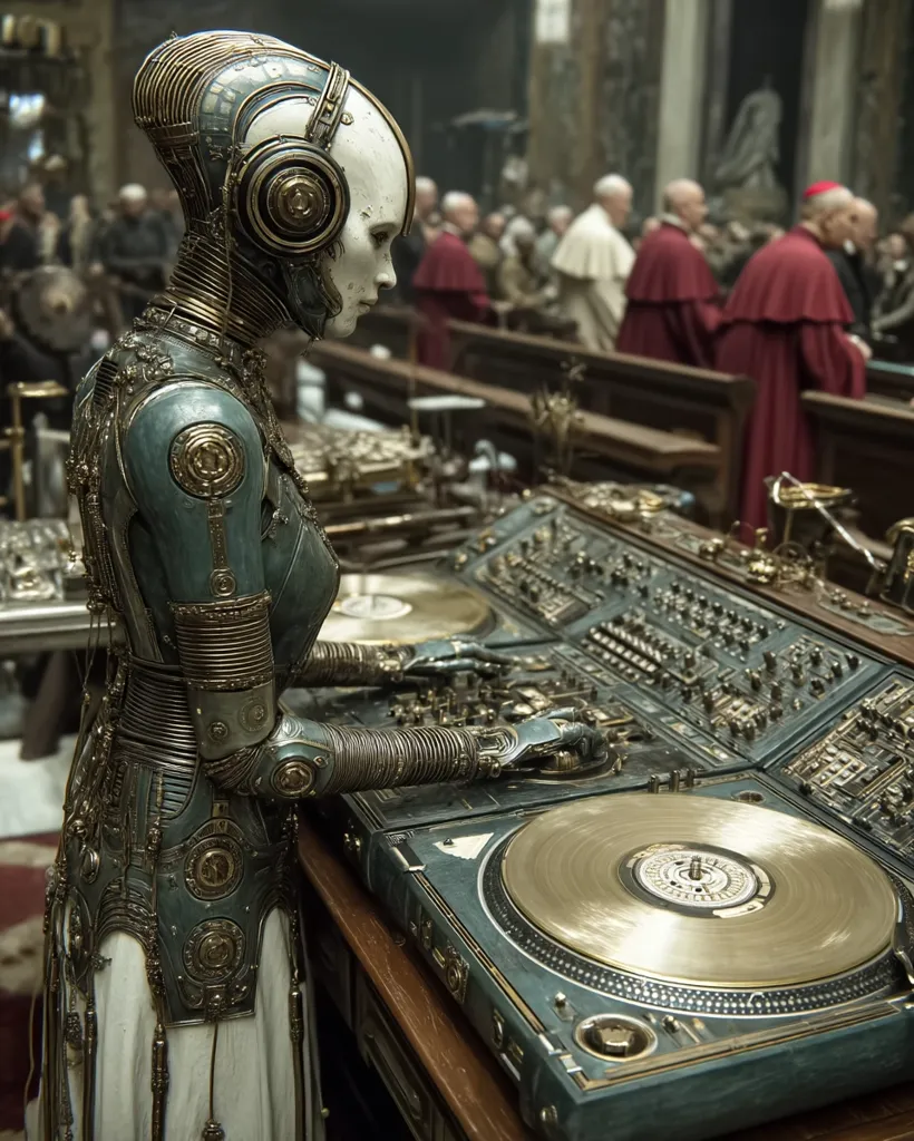 A steampunk-styled female robot, intricately crafted with brass and bronze accents, stands in a grand, dimly lit cathedral.  She operates a vintage-looking DJ turntable setup, her delicate, mechanical hands carefully manipulating the controls.  In the background, figures in religious robes observe the scene. The image blends futuristic technology with a historical setting, creating a visually striking contrast.