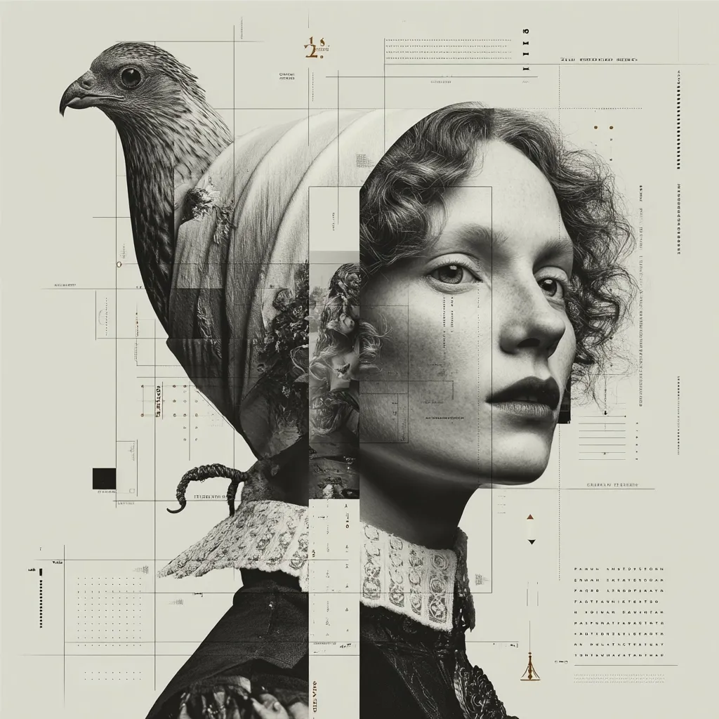 A monochromatic collage features a woman with curly hair in 17th-century attire, overlaid with a hawk and various design elements.  Geometric grids and text fragments create a layered effect, blending historical portraiture with a modern graphic design aesthetic.  The image's overall mood is somber and intricate, suggesting themes of history, nature, and artistic process.
