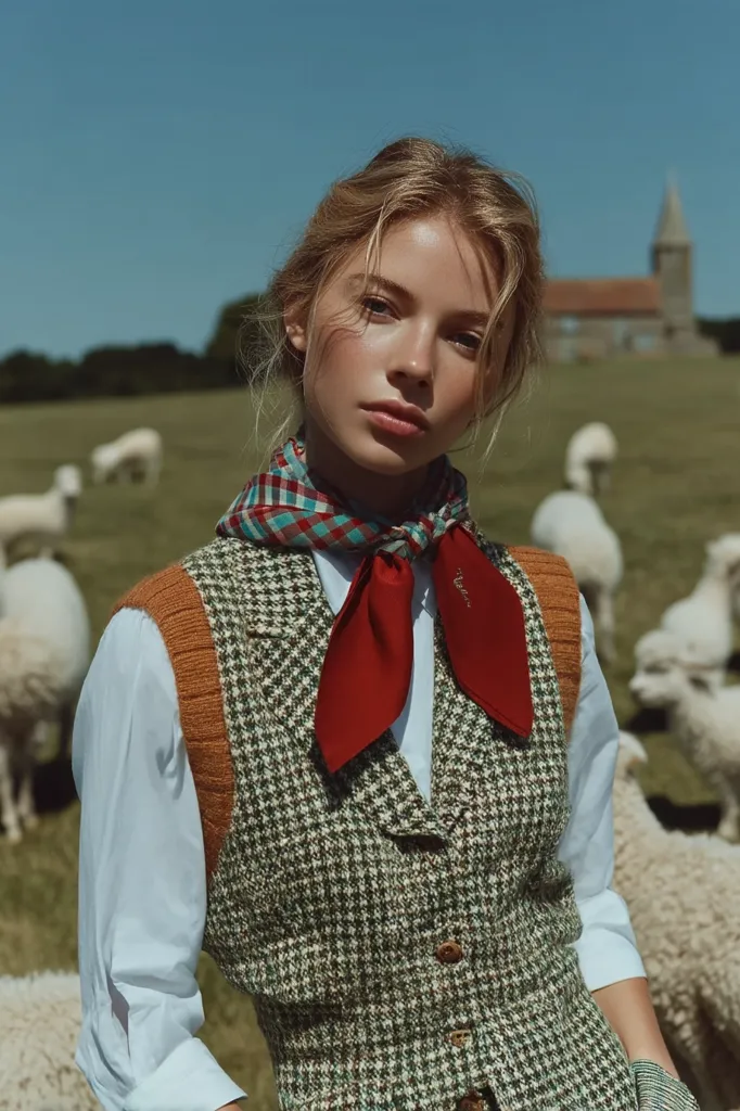 A young woman with blonde hair, styled in a loose updo, stands in a field amidst a flock of sheep.  She wears a white collared shirt, a green and white houndstooth vest with orange accents, and a red and blue patterned scarf tied around her neck.  A church is visible in the background, under a clear blue sky. The overall aesthetic is idyllic and slightly rustic.
