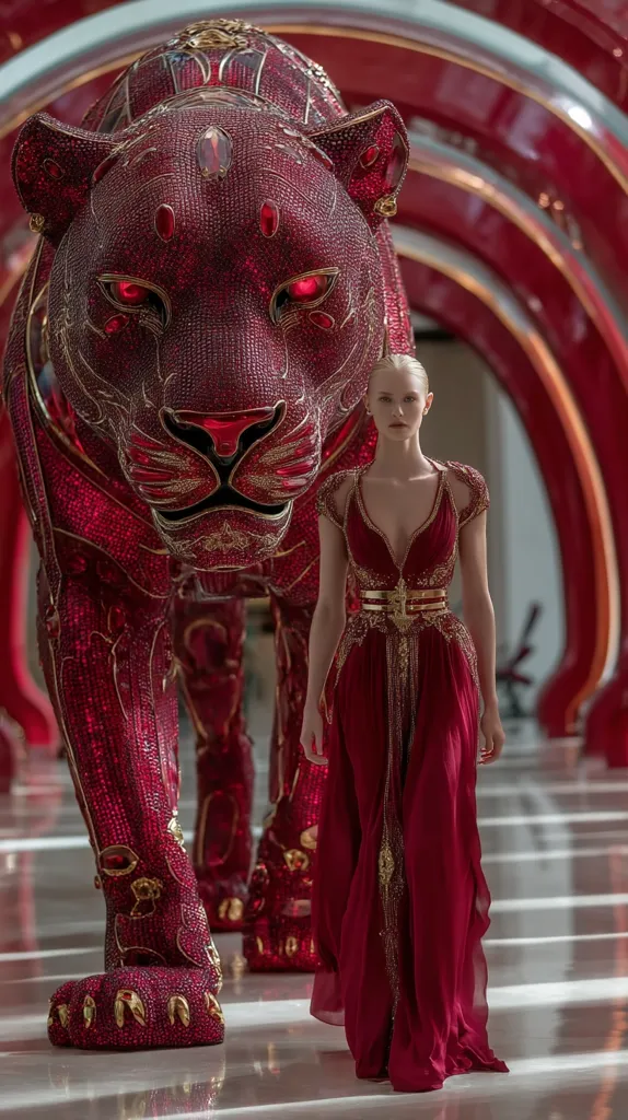 A model in a flowing crimson gown adorned with gold accents walks past a large, ruby-red crystal tiger sculpture. The sculpture is intricately detailed and gleams under the light. The setting appears to be a modern, luxurious space with reflective flooring and curved red walls.  The overall aesthetic is opulent and dramatic.