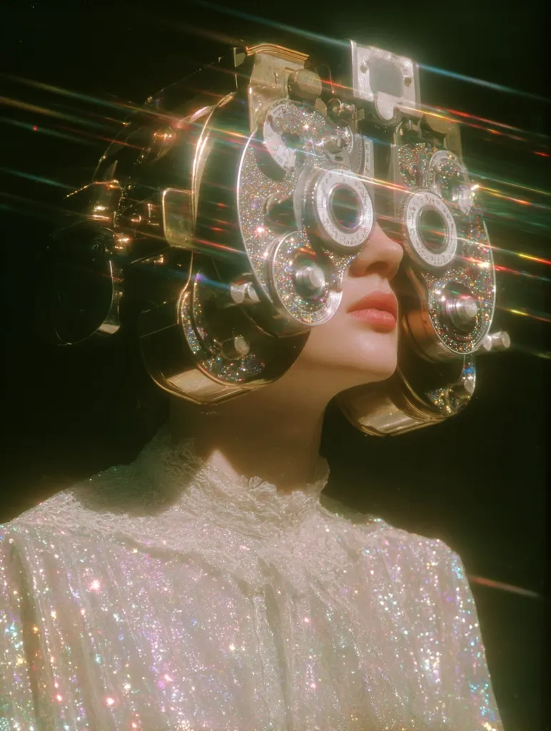 A woman in a sparkling, iridescent, off-white blouse is adorned with an antique, gold-toned ophthalmic phoropter.  The device is encrusted with glitter, reflecting light in dazzling streaks. The image evokes a retro-futuristic aesthetic, blending vintage medical equipment with glamorous fashion.  The overall mood is dreamy and surreal.