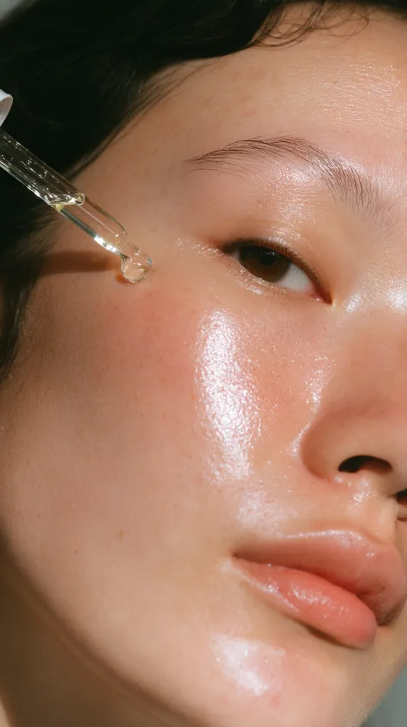 Close-up of a person's face with a clear, oily substance being applied to their cheekbone using a dropper.  The skin appears luminous and healthy with a subtle sheen.  The focus is sharp on the skin and the dropper, highlighting the application process of skincare.  Soft lighting enhances the overall aesthetic.