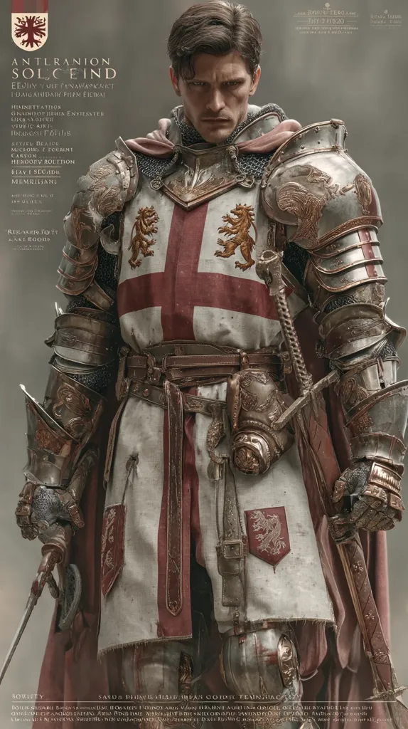 A meticulously detailed portrait of a knight in full armor.  He is clad in ornate, aged plate armor with a red and white surcoat bearing heraldic lions. The knight's stern expression and weathered armor evoke a sense of age and battle-hardiness. The image has a dark, cinematic quality, highlighting the intricate details of the costume and weaponry.  The background is blurred, drawing focus to the knight as a central figure.