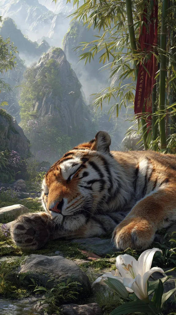 A majestic tiger rests peacefully amidst a serene landscape.  The tiger, with its eyes closed, lies near a tranquil stream, surrounded by lush greenery, moss-covered rocks, and a vibrant white lily. Towering bamboo stalks and misty mountains create a backdrop of tranquility, enhanced by a red banner hanging subtly amongst the bamboo. The scene evokes a sense of calm and natural beauty.