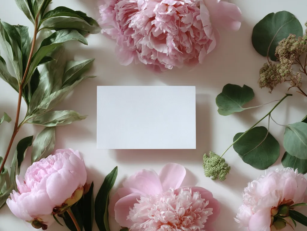 A blank white card is surrounded by delicate pink peonies and eucalyptus branches.  The soft, pastel color palette and lush greenery create a serene and elegant arrangement, perfect for a wedding invitation or other special occasion announcement. The image is flat lay, showcasing the card and floral details from a top-down perspective.