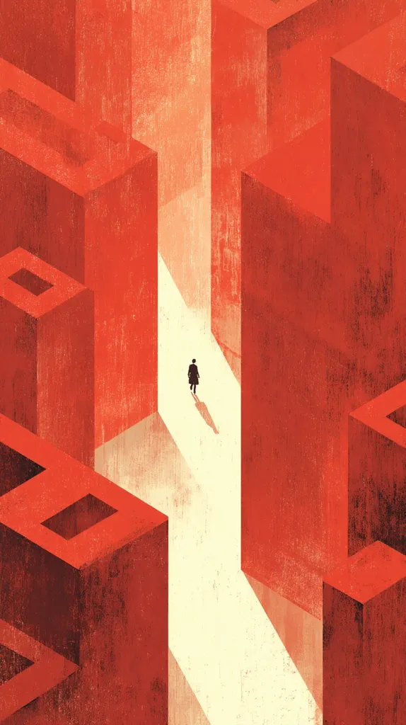 A solitary figure walks down a light-filled path within a labyrinthine structure of red, geometric shapes. The textured, crimson blocks create a sense of confinement, while the path ahead suggests a journey toward an unknown destination. The stark contrast between the individual and the overwhelming architecture emphasizes themes of isolation, choice, and the search for clarity within complexity.