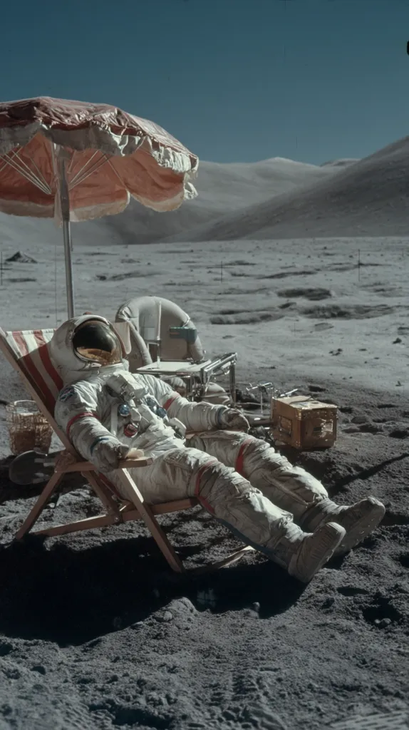 A lone astronaut relaxes in a deck chair on the lunar surface.  A pink parasol provides shade against the bright sun.  The barren, grey landscape of the moon stretches to distant hills under a clear blue sky.  Nearby are various pieces of lunar equipment.  The scene is a surreal juxtaposition of relaxation and the extraordinary setting of the moon.