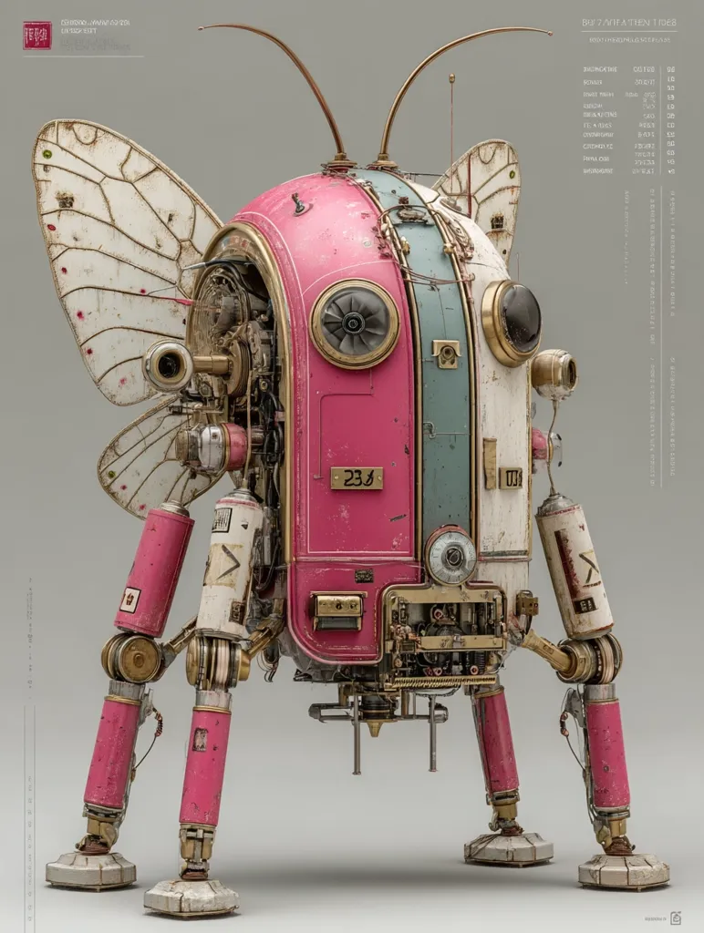 A whimsical steampunk-style robot, predominantly pink and cream, is depicted.  It has large butterfly wings and intricate, exposed gears and mechanisms.  Its legs are segmented and terminate in broad, circular feet.  The robot's body appears segmented, with varying colors and textures, giving it an aged, antique quality. The number "234" is visible on its central section.  The overall design is a blend of delicate butterfly features with robust mechanical elements.