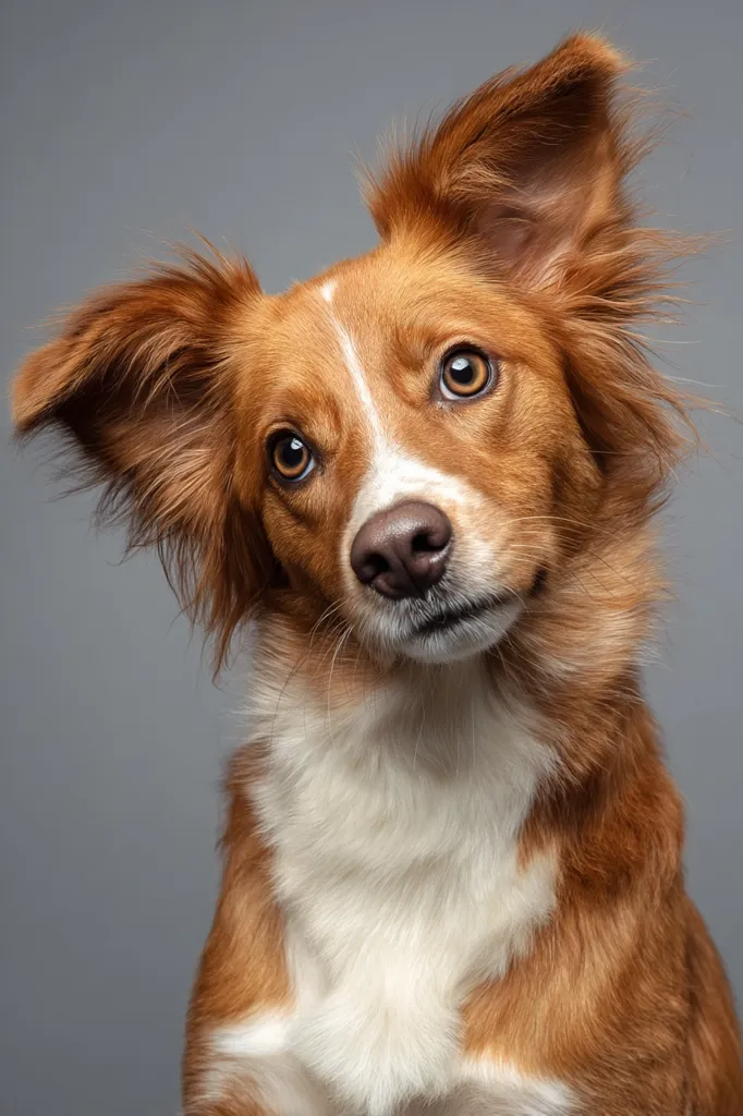 A reddish-brown and white dog, possibly a Border Collie mix, tilts its head inquisitively.  Its large, expressive brown eyes and floppy ears create a charming and curious expression. The dog is captured against a plain gray background, highlighting its fur and features. The image evokes a sense of playful attentiveness.