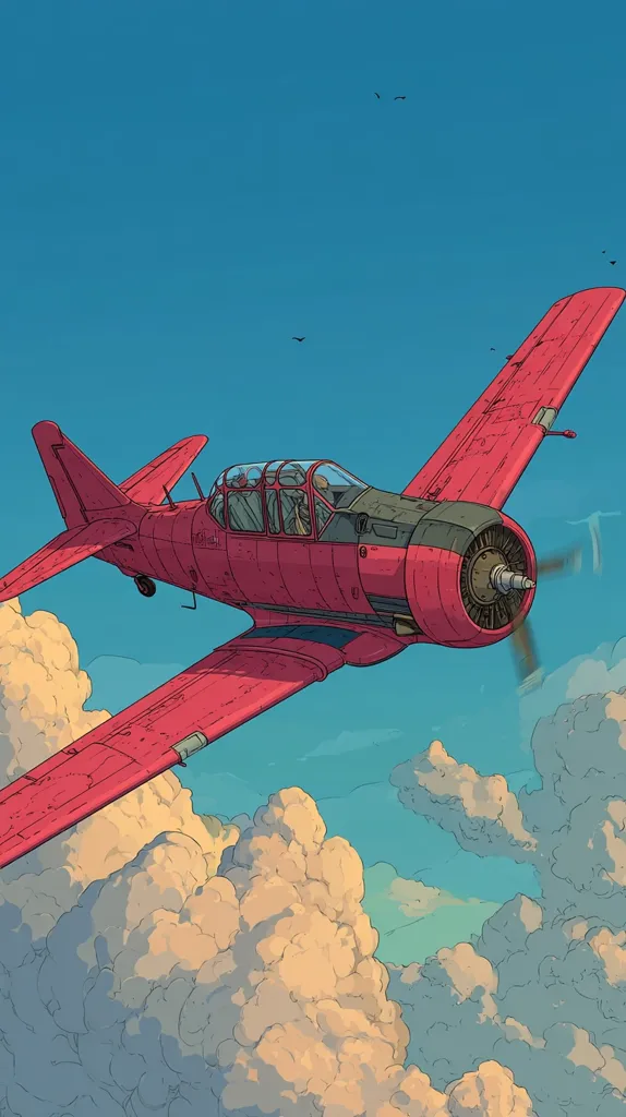 A vibrant illustration depicts a red propeller plane soaring through a bright blue sky dotted with fluffy clouds. The plane, seemingly vintage, is detailed with a visible pilot in the cockpit.  The style is reminiscent of graphic novels or concept art, with clean lines and a stylized aesthetic. The overall mood is one of adventure and freedom. Birds are visible in the distance, adding to the serene, aerial perspective.