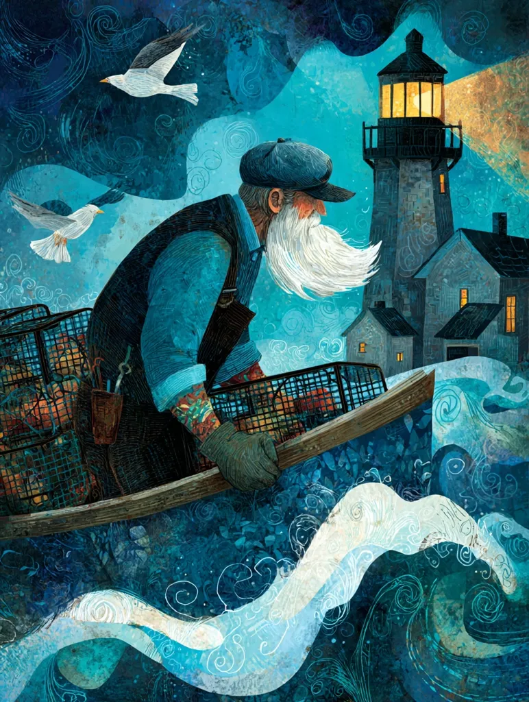 A weathered fisherman with a long white beard navigates a small boat through turbulent blue waters, his tattooed arms gripping the sides.  Lobster traps overflow with his catch.  A lighthouse beams its light in the background, casting a warm glow against the dark, swirling sea. Seagulls fly overhead, adding to the atmospheric scene. The artwork is rich with texture and detail, evoking a sense of the sea's power and the fisherman's resilience.