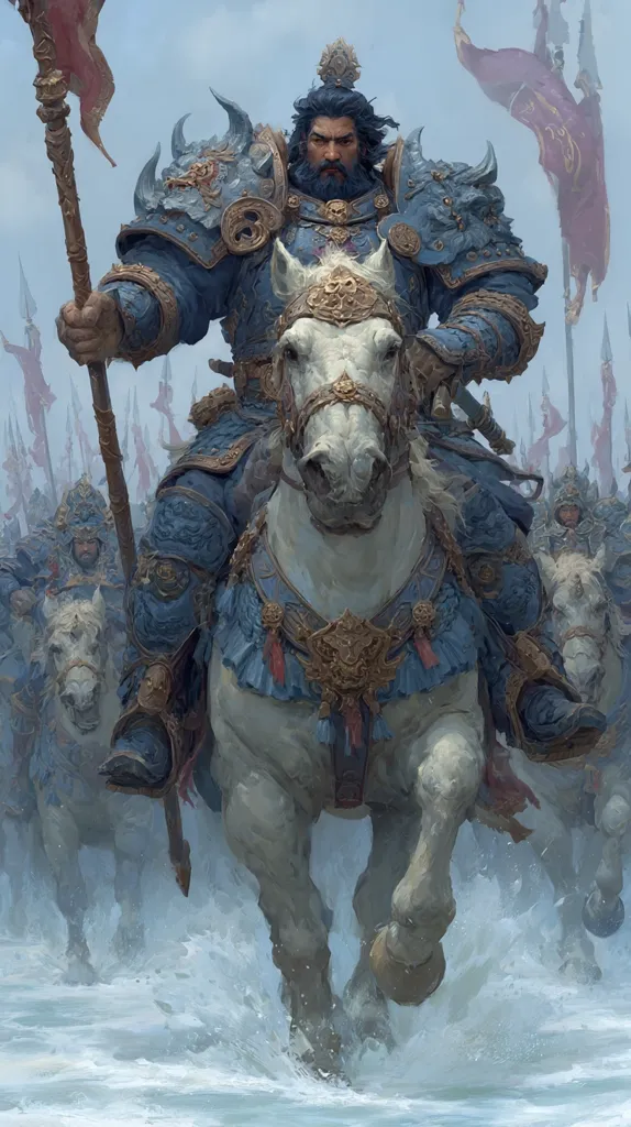 A powerful warrior, clad in ornate blue armor and a crown, rides a white steed at the head of an army.  The army, also in blue and gold armor, follows closely behind, their horses splashing through shallow water.  The scene is dynamic, suggesting a rapid advance, with flags and spears adding to the military grandeur.  The style is evocative of fantasy art, possibly inspired by East Asian aesthetics.
