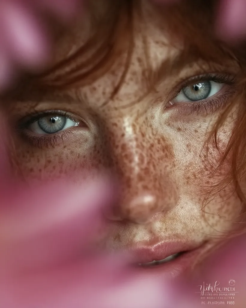 Close-up of a freckled woman's face, partially obscured by blurred pink flowers.  Her light blue eyes are captivating, and her red hair softly frames her face. The focus is on her expressive gaze and the delicate beauty of her complexion. The image is soft and ethereal, evoking a sense of natural beauty and serenity.