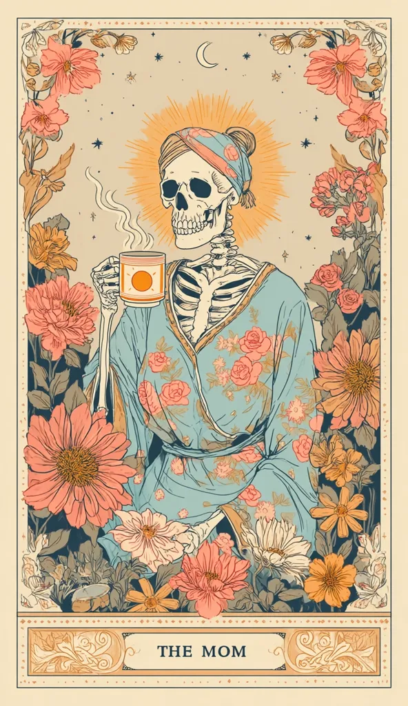 A skeletal figure, adorned in a floral robe and headscarf, sits serenely amidst a vibrant garden.  The skeleton holds a steaming mug, radiating a calm aura.  The art style is reminiscent of Art Nouveau, with pastel colors and intricate floral details.  The image is titled "The Mom," suggesting a theme of maternal comfort and acceptance, even in the face of mortality.  The crescent moon and stars add a mystical touch to the scene.