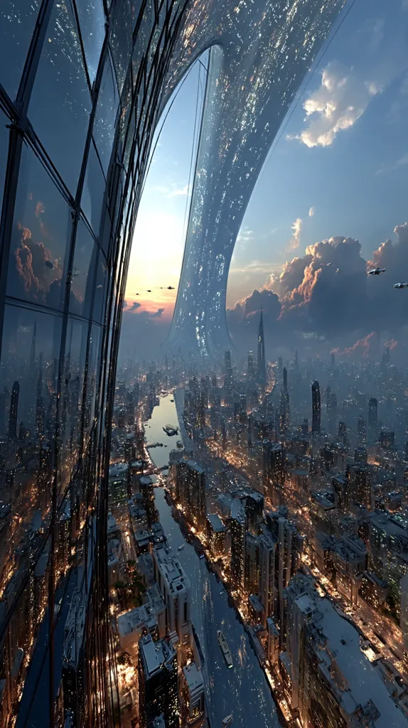 A futuristic cityscape is viewed from a skyscraper's curved glass facade.  The city sprawls below, illuminated at dusk, with a river winding through its densely packed buildings.  A colossal, ring-like structure arches over the metropolis, seemingly part of a larger, advanced infrastructure.  Flying vehicles are visible in the sky, adding to the scene's advanced technological ambiance. The overall image is one of stunning, futuristic urban design.