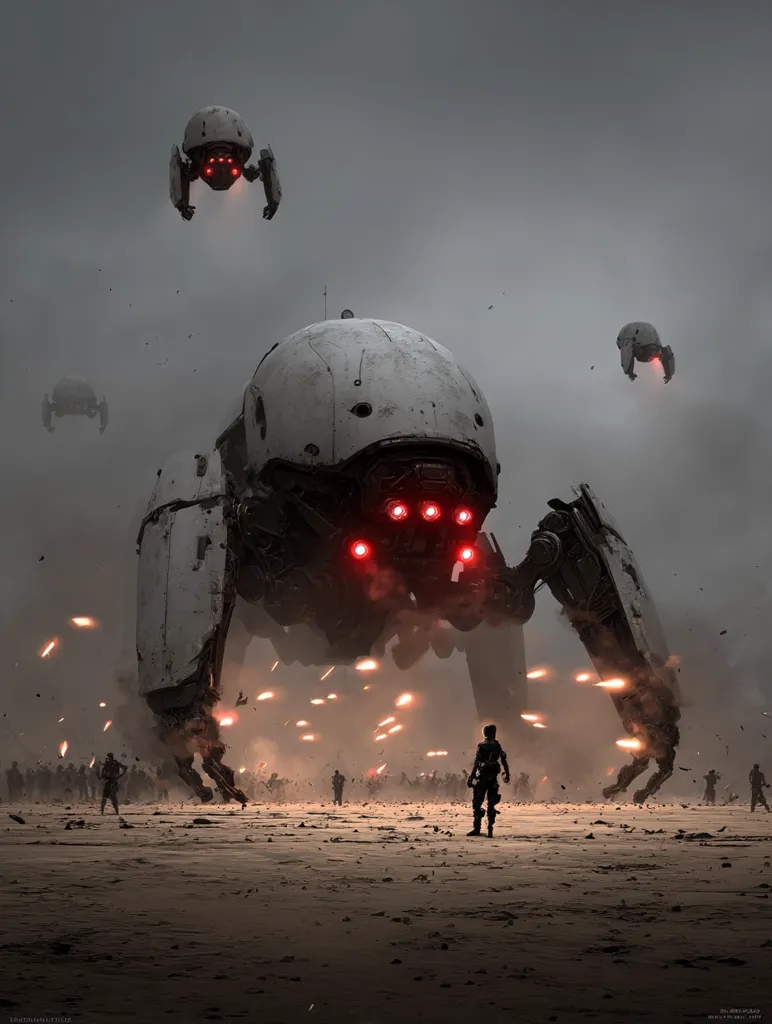 A large, white, spider-like mech dominates the scene, its red lights glowing menacingly.  Smaller, similar drones fly overhead.  A lone figure stands defiantly before the mech in a desolate landscape as smaller figures scatter amidst a barrage of gunfire. The atmosphere is dark and gritty, conveying a sense of intense conflict and impending doom.