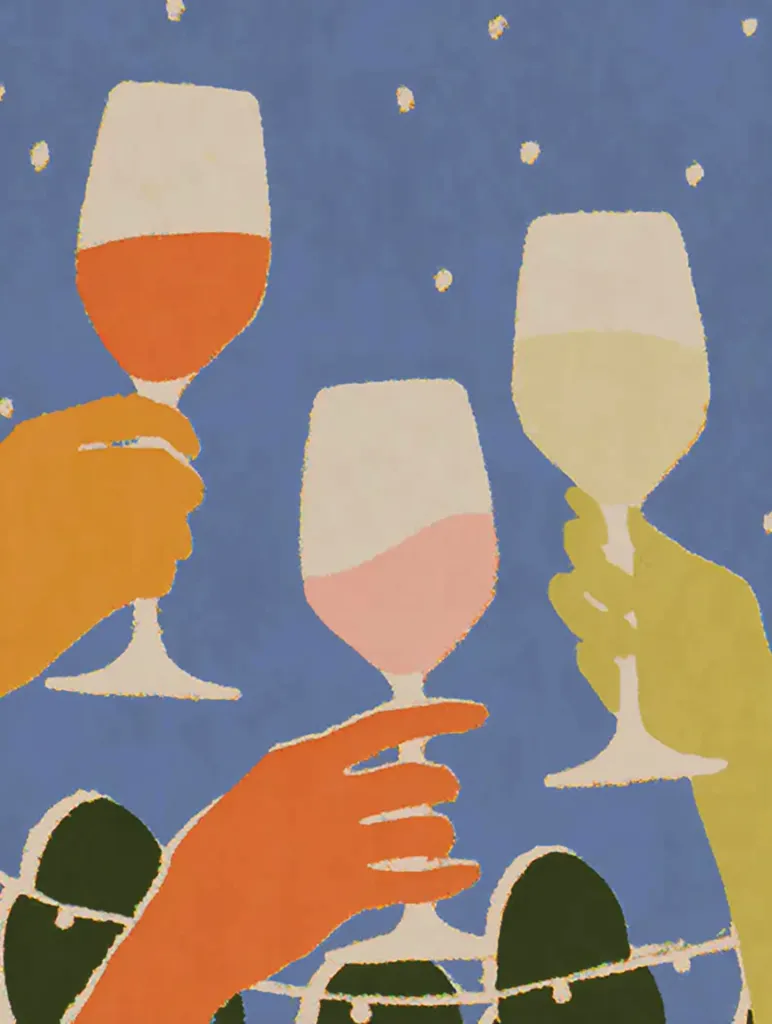 Three hands, stylized in bold orange, yellow-green, and red-orange hues, raise wine glasses filled with different colored wines against a blue backdrop sprinkled with white dots.  The glasses are simple, elegant forms, and the overall style is modern and graphic, suggesting a celebratory mood.  A dark green garland is partially visible at the bottom.