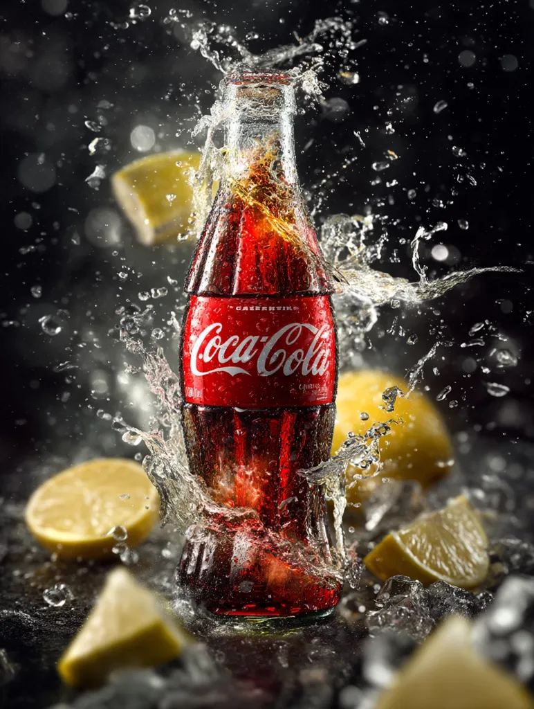 A glass bottle of Coca-Cola is the focal point of this dynamic image.  Surrounding the bottle, water splashes dramatically, creating a sense of refreshment.  Slices of lemon add a vibrant contrast to the dark background, suggesting a zesty, invigorating drink.  The overall composition is visually striking, emphasizing the coolness and effervescence of the Coca-Cola.