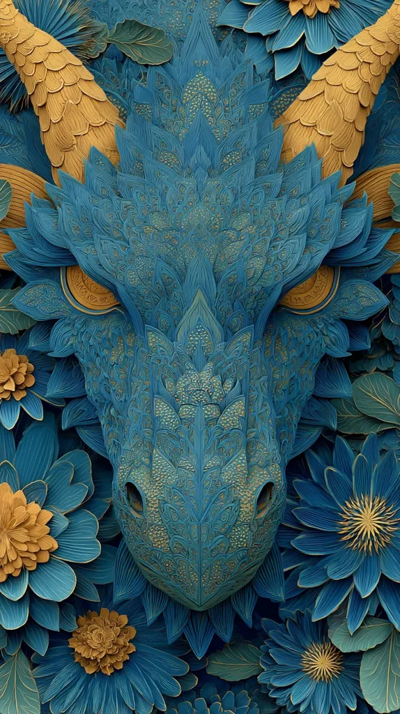 A detailed close-up reveals an intricately carved dragon's head, rendered in shades of teal and gold.  The dragon is surrounded by meticulously crafted paper flowers, also in teal and gold, creating a lush, floral backdrop. The overall effect is one of ornate beauty and meticulous detail, suggesting a piece of paper art or sculpture. The image is rich in texture and color contrast.