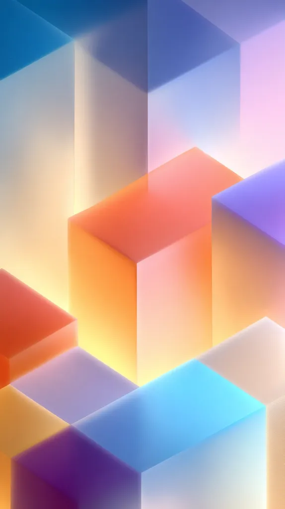 An abstract image featuring a series of translucent cubes in varying pastel shades.  The cubes overlap and interlock, creating a three-dimensional effect.  Colors range from soft blues and purples to oranges and yellows, with a gentle gradient within each cube. The overall impression is one of soft light and geometric harmony.