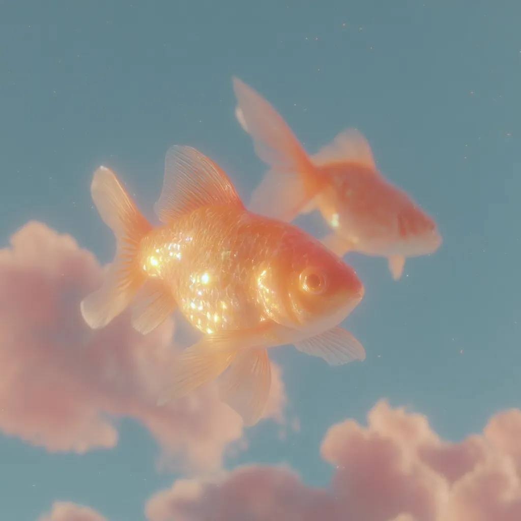 Two vibrant goldfish swim in a dreamy, pastel-colored underwater scene.  One goldfish is in sharp focus, its scales shimmering with light, while another is slightly blurred in the background.  The water appears ethereal, with soft, pink clouds subtly visible.  The overall aesthetic is serene and whimsical.