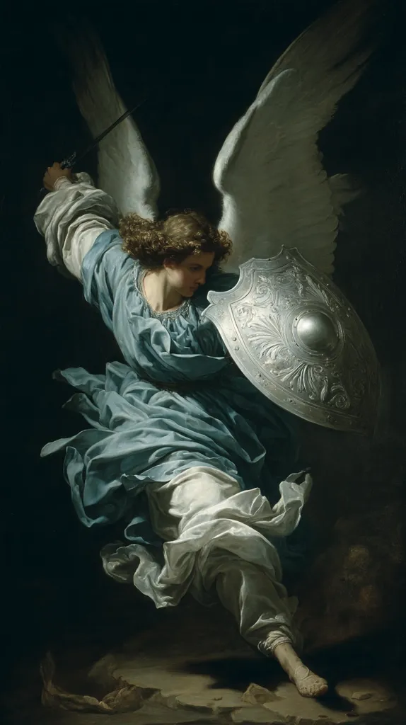 The painting depicts a dynamic angel in motion, wings outstretched.  Clad in flowing teal robes, the angel wields a sword in one hand and a large, ornate shield in the other.  The figure’s curly hair and determined expression convey a sense of strength and purpose, suggesting a moment of divine intervention or battle. The dark background emphasizes the angelic figure, creating a dramatic and ethereal composition.