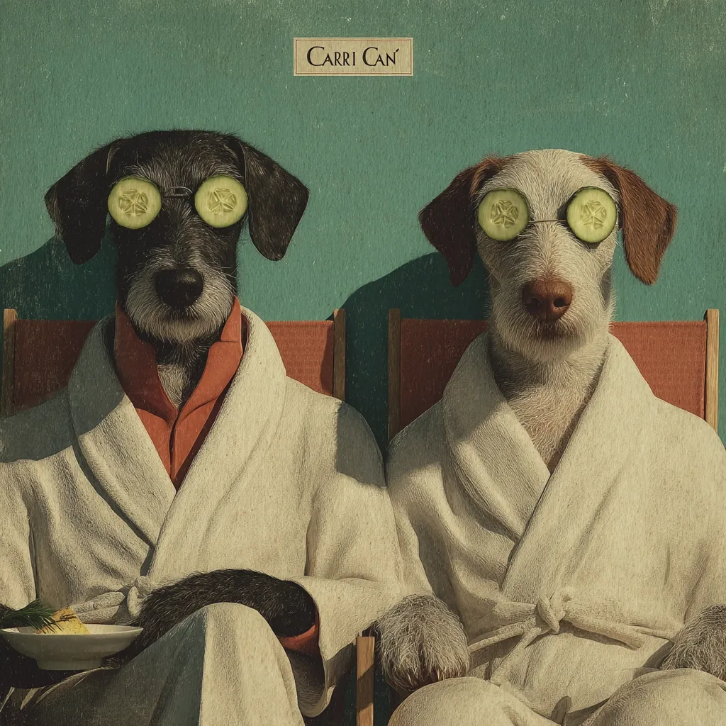 Two dogs, a scruffy black one and a wirehaired white one, relax in matching white bathrobes.  Cucumber slices rest on their eyes as they sit in director's chairs, enjoying a spa day.  The image is styled with a vintage, muted color palette, and the brand name "CARRI CAN" is displayed at the top.  A small plate with food sits before one of the dogs.