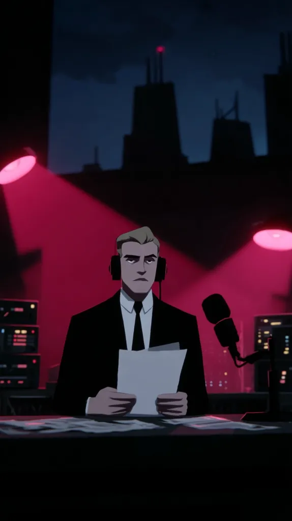 A stylized animated image depicts a news anchor, a blond man in a suit and headphones, sitting at a desk in a dimly lit radio studio.  He holds papers, illuminated by spotlights casting a crimson glow.  A microphone is positioned nearby, and city buildings are visible through a window in the background. The overall atmosphere is dark and serious.