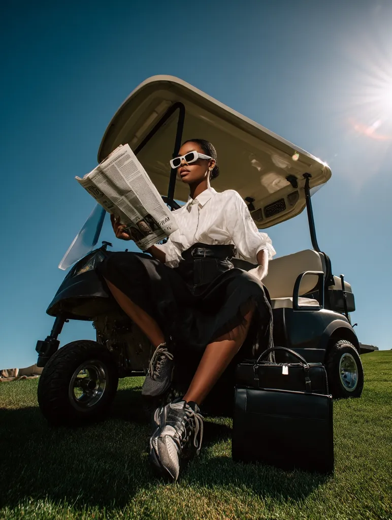 A stylish woman in a white shirt and dark skirt sits in a golf cart, reading a newspaper.  She wears white sunglasses and grey sneakers. A black handbag rests beside her on the grassy ground. The sun shines brightly in a clear blue sky, casting a warm glow. The scene is relaxed and sophisticated, conveying a sense of leisure and luxury.