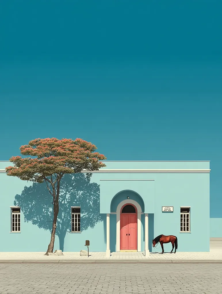 A light teal house with a coral door stands under a vibrant blue sky. A brown horse stands quietly in front, casting a shadow. A flowering tree to the left casts its shadow on the building's pale facade.  The scene is minimalist and serene, emphasizing clean lines and bright colors. The cobblestone street adds texture to the otherwise smooth architecture.
