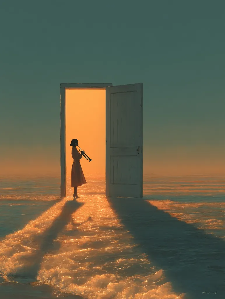 A surreal artwork depicts a woman in silhouette, playing a trumpet. She stands within a doorway that opens onto a tranquil, golden-hued ocean at sunset.  The scene is dreamlike and evokes a sense of peace and contemplation, the woman's shadow stretching long across the water's surface. The overall mood is serene and mysterious.