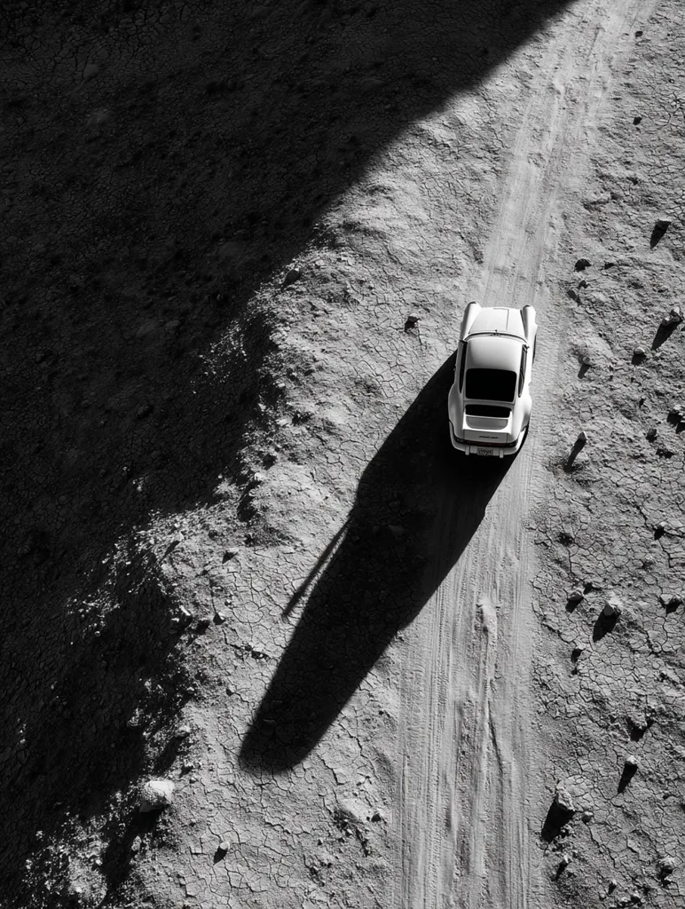 A high-angle, black and white shot captures a classic Porsche 911 driving along a sun-drenched, cracked dirt road.  The car's shadow stretches long across the parched landscape, emphasizing the contrast between the vehicle and the desolate, sun-baked terrain. The image evokes a sense of journey and isolation.