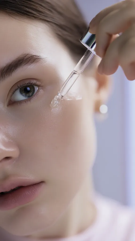 Close-up of a young woman applying facial serum.  A hand holds a glass dropper, dispensing a clear liquid onto her cheek near her eye.  The woman's skin appears smooth and clean, highlighted by soft lighting. The focus is sharp on the eye and the application process. The overall image is clean and minimalistic, emphasizing skincare and beauty.