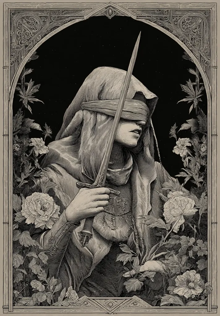 A blindfolded woman, cloaked and armored, holds a dagger.  She is surrounded by flowering plants within an ornate, arched frame. The image is rendered in a detailed, black-and-white style reminiscent of antique engravings or woodcuts. The contrast between the dark background and the light figure creates a dramatic and mysterious atmosphere.  The overall mood is somber and evocative.
