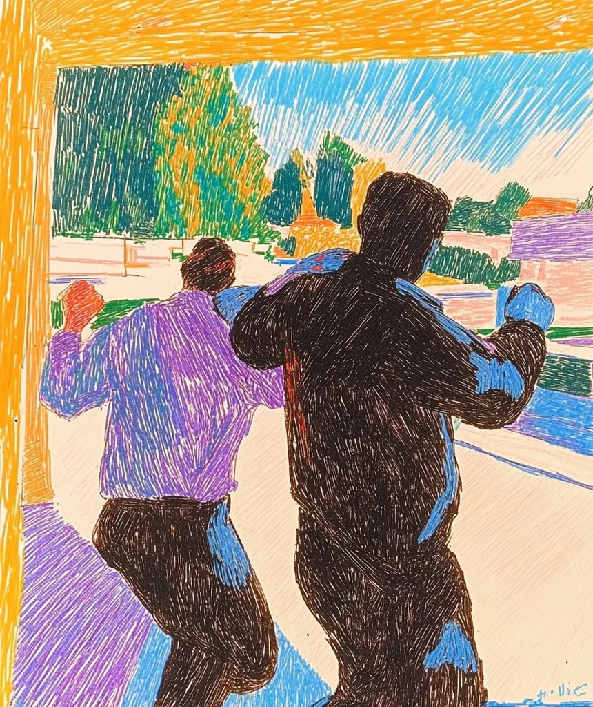 The drawing depicts two figures, viewed from behind, exiting a doorway.  The person in the foreground wears a dark jacket, while the individual behind them sports a purple shirt.  Their movements suggest haste or excitement. The background showcases a vibrant, stylized landscape with trees and buildings under a bright, blue sky, rendered with a distinctive hatching technique. The overall style is expressive and bold.