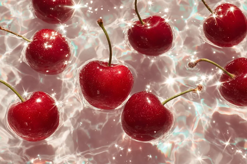 Several ripe, red cherries float in shimmering, translucent water.  The cherries are glistening, and the light reflects off their surfaces, creating a sparkling effect. The water is disturbed, showing ripples around the fruit. The overall aesthetic is bright, clean, and visually appealing.
