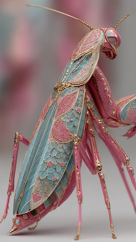 A meticulously crafted praying mantis, seemingly made of precious metal and gemstones.  Its body is a delicate pink, adorned with intricate turquoise and gold detailing, resembling enamel work or inlaid jewelry.  The mantis's wings feature a floral pattern, showcasing a blend of pastel colors and metallic accents.  The overall effect is one of exquisite artistry and delicate beauty.