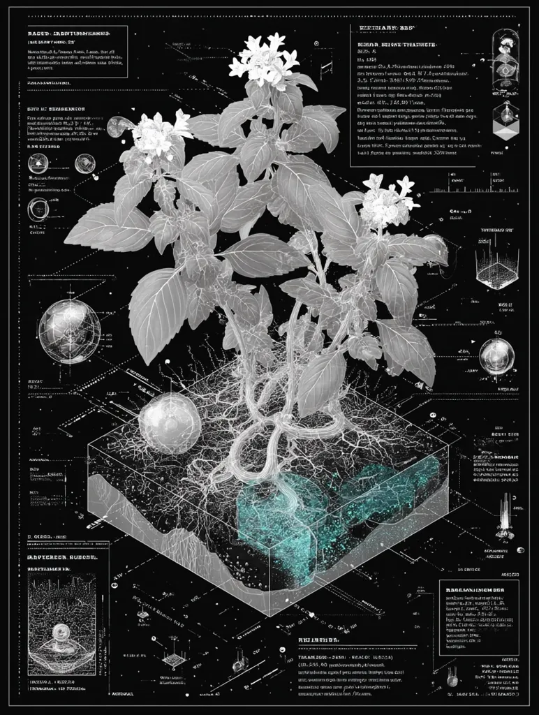 A grayscale botanical illustration of a plant is presented, meticulously detailed to reveal its root system within a transparent cube.  Surrounding the central image are intricate diagrams and text resembling scientific notations and technical schematics, creating a futuristic, almost otherworldly aesthetic. The style blends scientific illustration with a cyberpunk-inspired design.