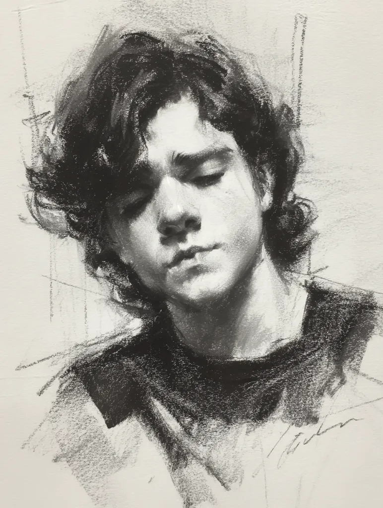 A charcoal portrait depicts a young man with dark, wavy hair. His eyes are closed, and his head is slightly bowed, conveying a sense of quiet contemplation or weariness. The artist uses shading skillfully to create depth and texture in the hair, skin, and clothing, emphasizing the subject's youthful features and melancholic expression.  The background is kept simple, allowing the figure to dominate the composition.
