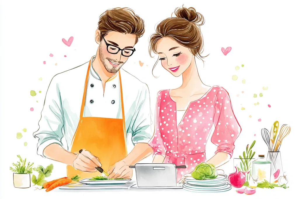 A watercolor illustration depicts a stylish couple collaboratively preparing a meal. The man, wearing a chef's jacket and apron, meticulously chops vegetables, while the woman, in a pink polka-dot dress, observes attentively.  A tablet rests on the counter, suggesting they're following a recipe.  The scene is bright, cheerful, and emphasizes teamwork and culinary passion.  Fresh vegetables and herbs surround them, adding to the vibrant atmosphere.