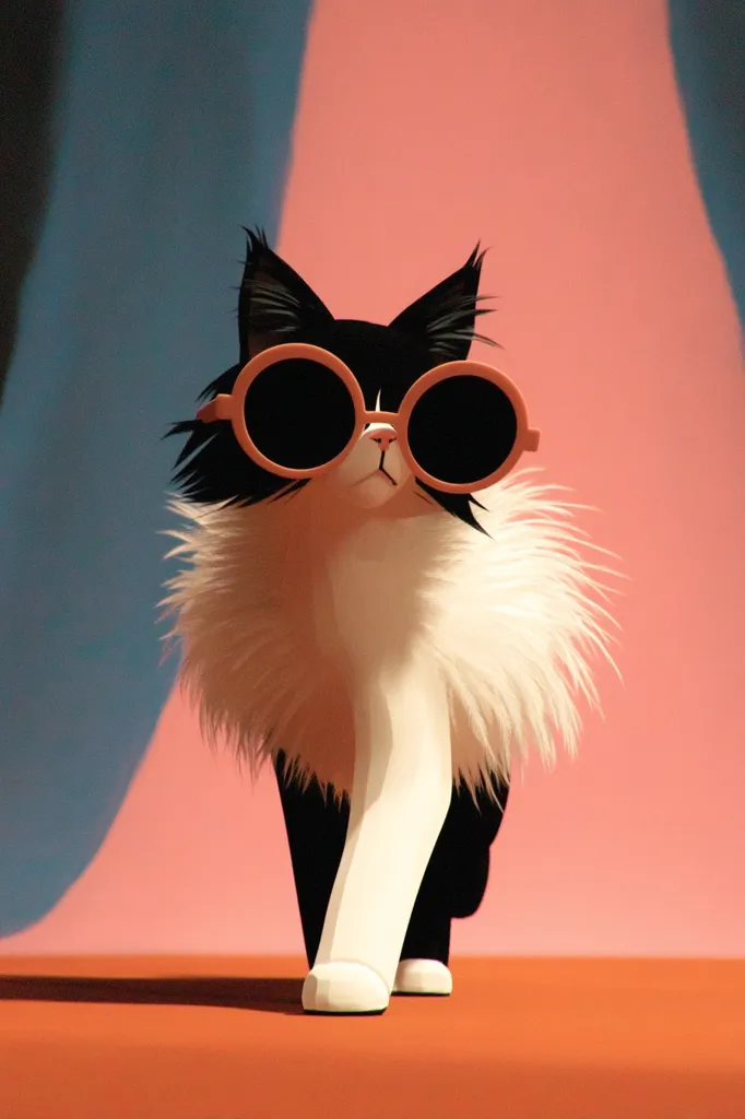A stylized illustration depicts a tuxedo cat, elegantly walking forward.  The cat sports oversized, round, coral-colored sunglasses. Its fluffy fur contrasts sharply with its dark markings. The backdrop features a vibrant coral wall and a muted blue curtain, creating a striking contrast.  The cat’s posture exudes confidence and coolness.