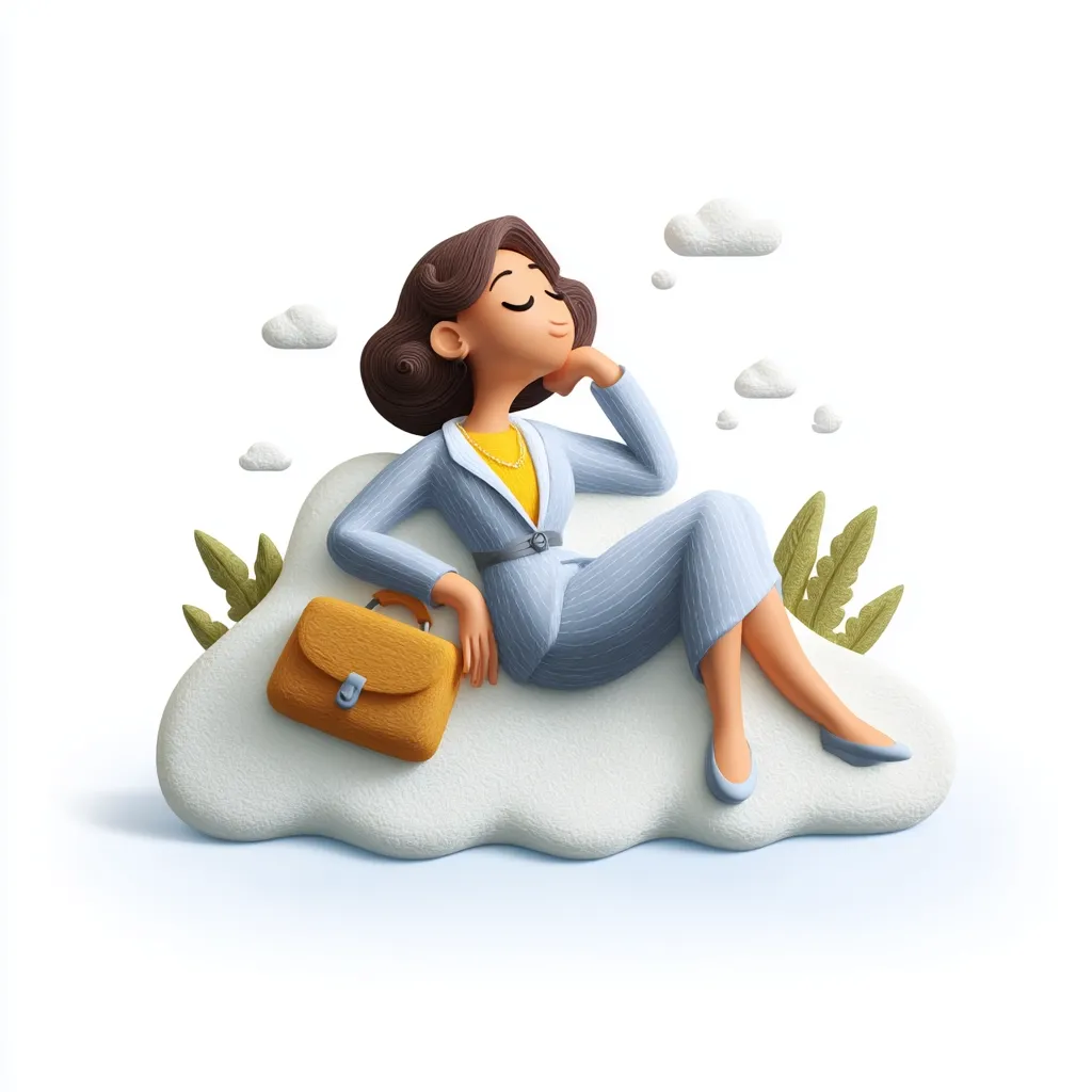A 3D cartoon illustration of a relaxed businesswoman in a light blue pinstripe suit. She sits serenely on a fluffy white cloud, eyes closed, hand resting on her chin.  A mustard-yellow handbag sits beside her.  Small clouds and leafy sprigs surround her, creating a peaceful, dreamy scene.  The overall style is playful and whimsical.