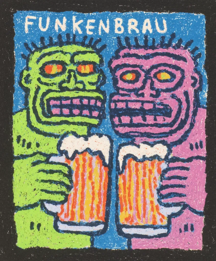 A vibrant, cartoonish artwork depicts two grinning figures, one green and one pink, playfully clinking beer steins.  The text "FUNKENBRAU" is boldly displayed at the top.  The figures are rendered in a bold, childlike style with exaggerated features and bright, contrasting colors against a dark blue background. The overall impression is one of cheerful, slightly mischievous conviviality.