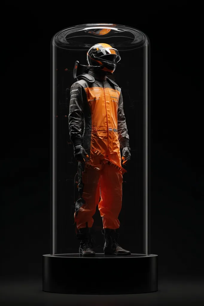 A futuristic racing suit, predominantly orange and black, is encased within a clear cylindrical display. The suit features a helmet, gloves, and high boots, suggesting a protective and high-performance design.  The background is stark black, highlighting the suit's vibrant colors and sleek lines.  The overall presentation is minimalist and technologically advanced.