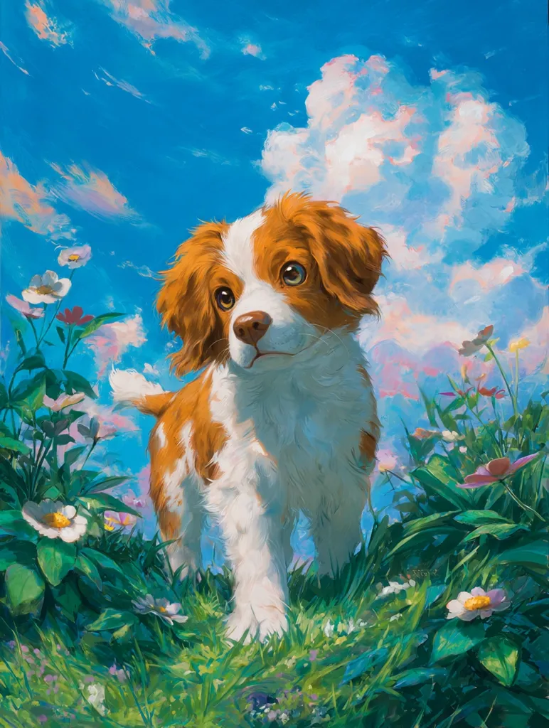 An adorable Cavalier King Charles Spaniel puppy stands in a vibrant field of wildflowers under a bright, sunny sky.  Its fur is a mix of white and rich auburn, and its expressive eyes gaze directly at the viewer. The painting's style is impressionistic, with loose brushstrokes creating a cheerful and idyllic scene.  The puppy appears playful and full of life, perfectly captured in this charming artwork.