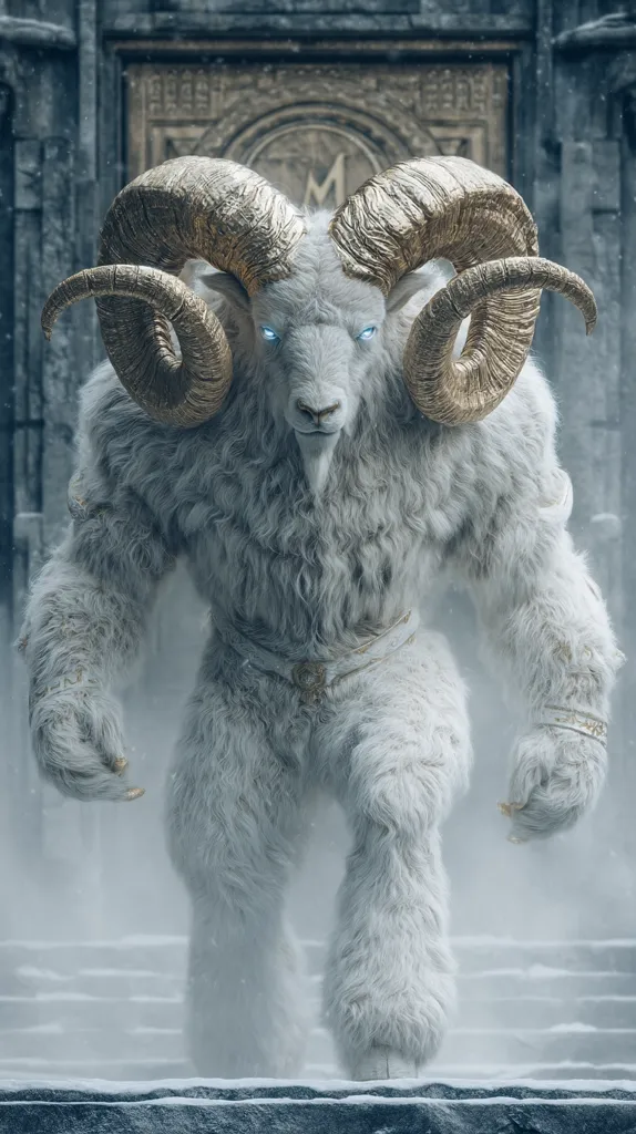 A majestic, white, ram-like creature with large, golden horns strides forward. Its thick, fluffy fur contrasts with the ornate golden details on its horns and a belt around its midsection.  The creature possesses piercing blue eyes and a powerful build, suggesting strength and possibly mythical origins. It walks down a snowy staircase before a stone doorway, adding to its enigmatic aura.