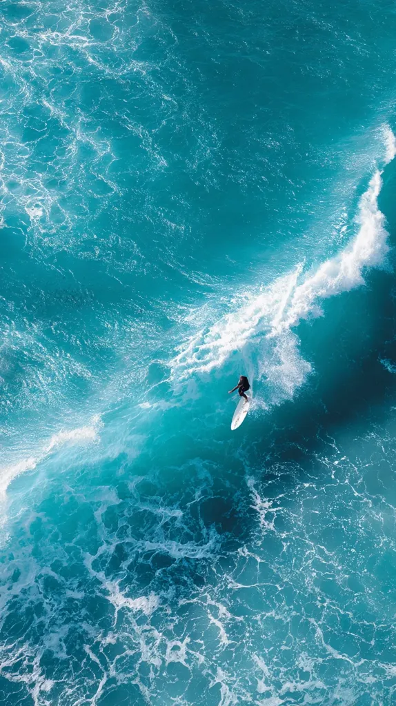 An aerial view captures a surfer gracefully riding a vibrant turquoise wave.  The surfer, small against the vast ocean, is positioned on a white surfboard, carving through a breaking wave with white foam. The deep blue water is textured with whitecaps and swells, creating a dynamic and powerful image. The scene is serene yet exhilarating, showcasing the beauty and energy of the ocean.