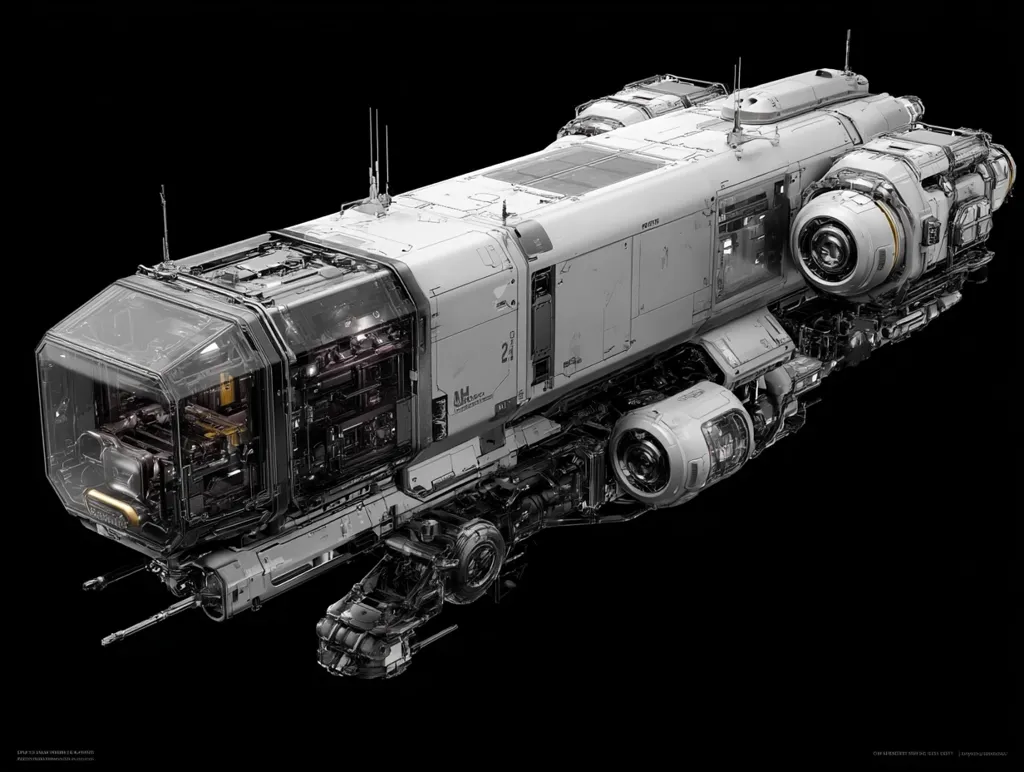 A grayscale rendering showcases a futuristic spacecraft, possibly a cargo freighter.  Its design is detailed, revealing intricate internal mechanisms through a transparent section.  The vessel is long and rectangular, with numerous engines and external components visible.  The overall aesthetic suggests a blend of industrial and technological elements, set against a stark black background.