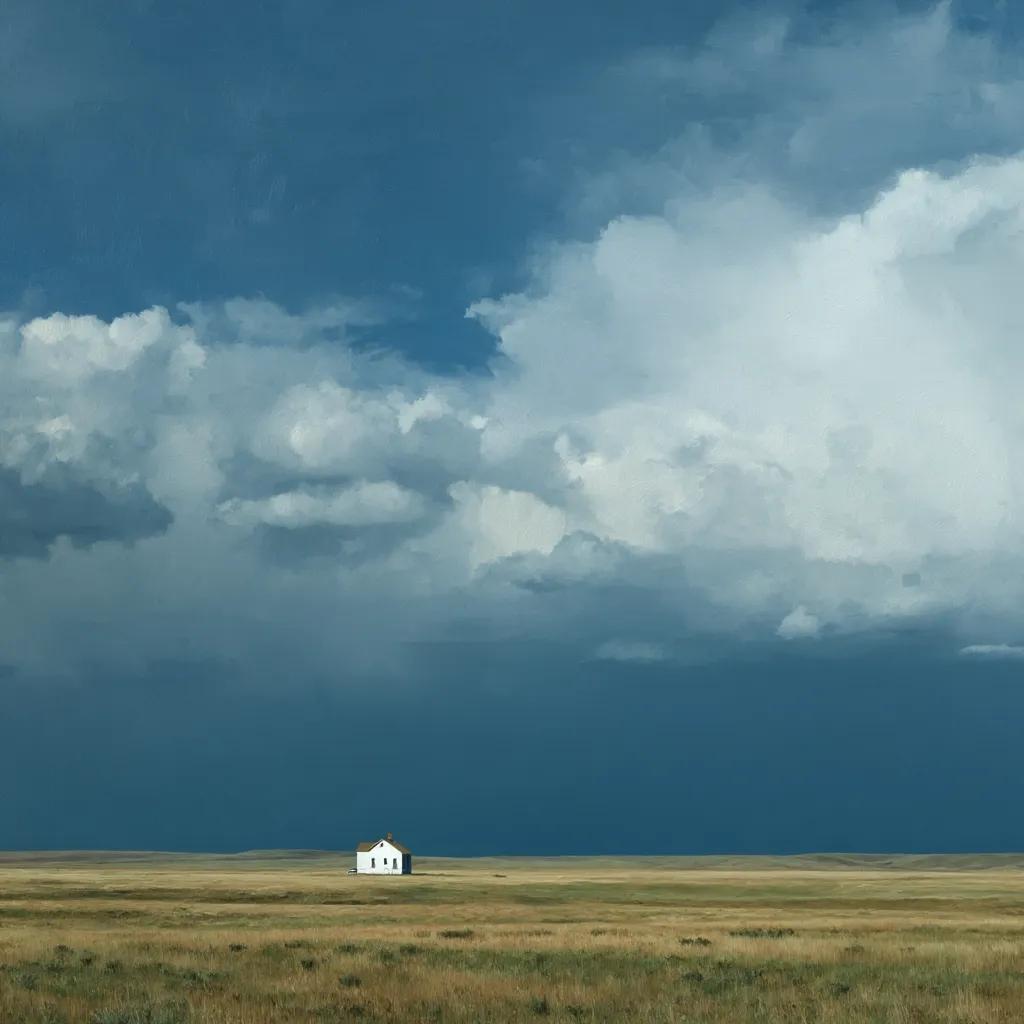 A solitary white farmhouse sits in the middle of a vast, flat prairie under a dramatic sky.  Large, fluffy cumulus clouds dominate the upper portion of the image, transitioning to a darker, more ominous blue-gray at the horizon, suggesting an approaching storm. The overall mood is one of isolation and impending weather change.  The landscape is serene yet powerful.